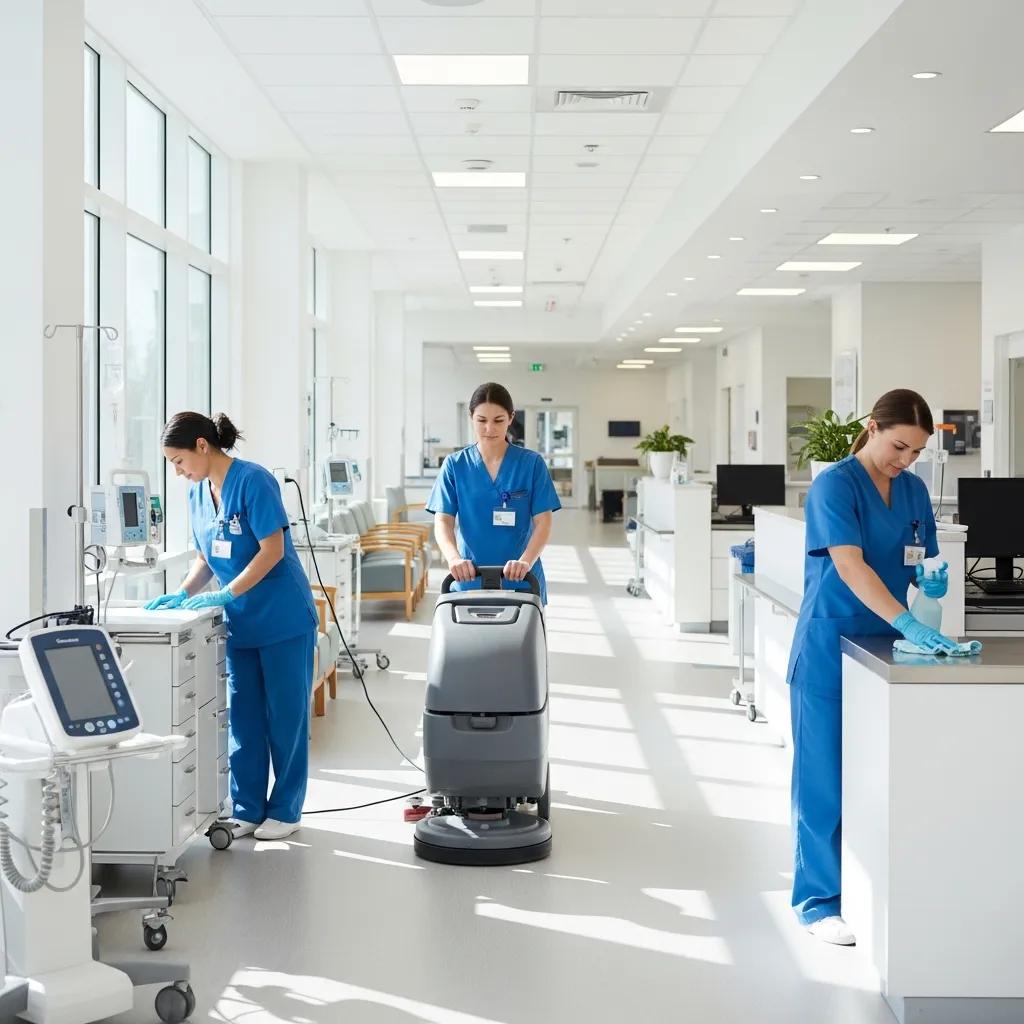 Professional cleaning team in a modern medical center emphasizing hygiene and safety