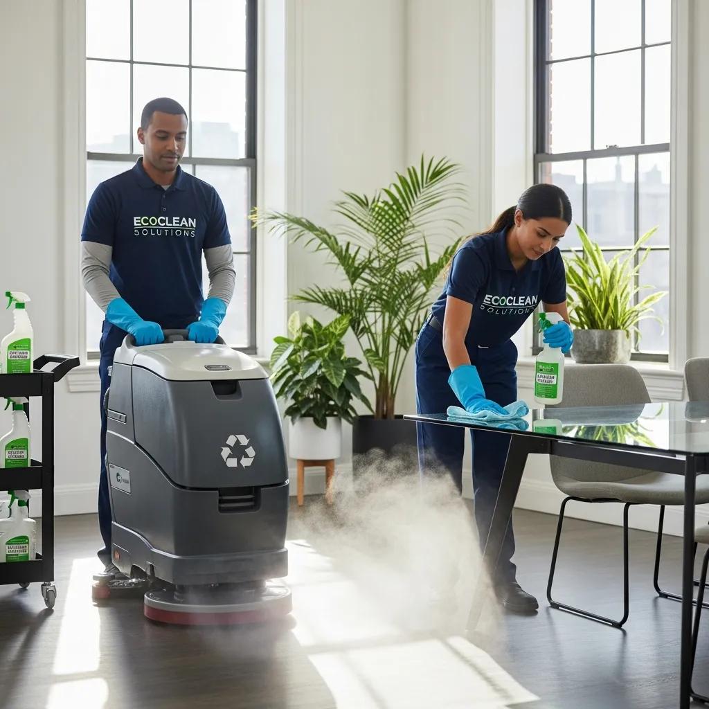 Professional cleaning team in a modern office, highlighting commercial cleaning services
