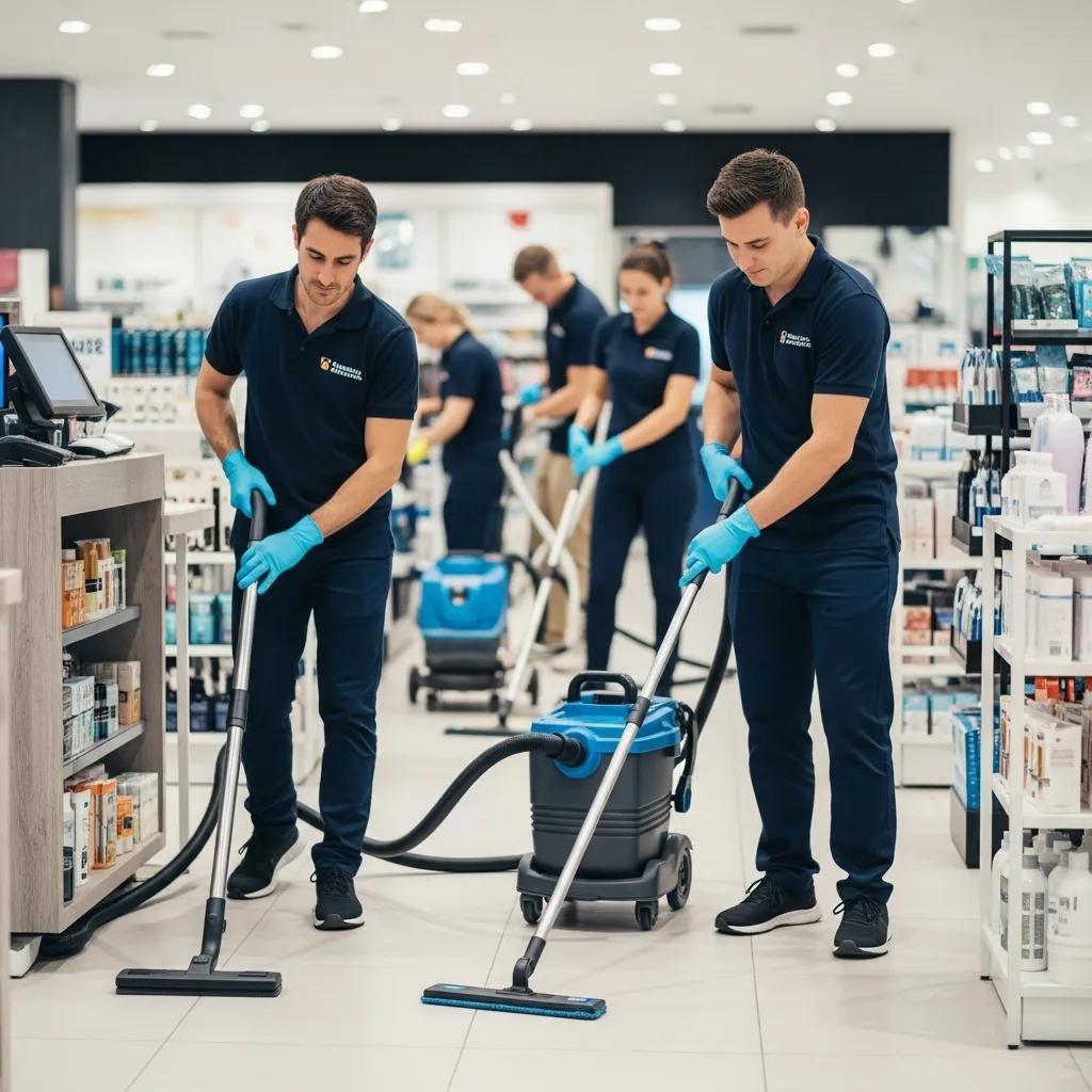 Professional cleaning team in a retail store on the Sunshine Coast, emphasizing hygiene and cleanliness