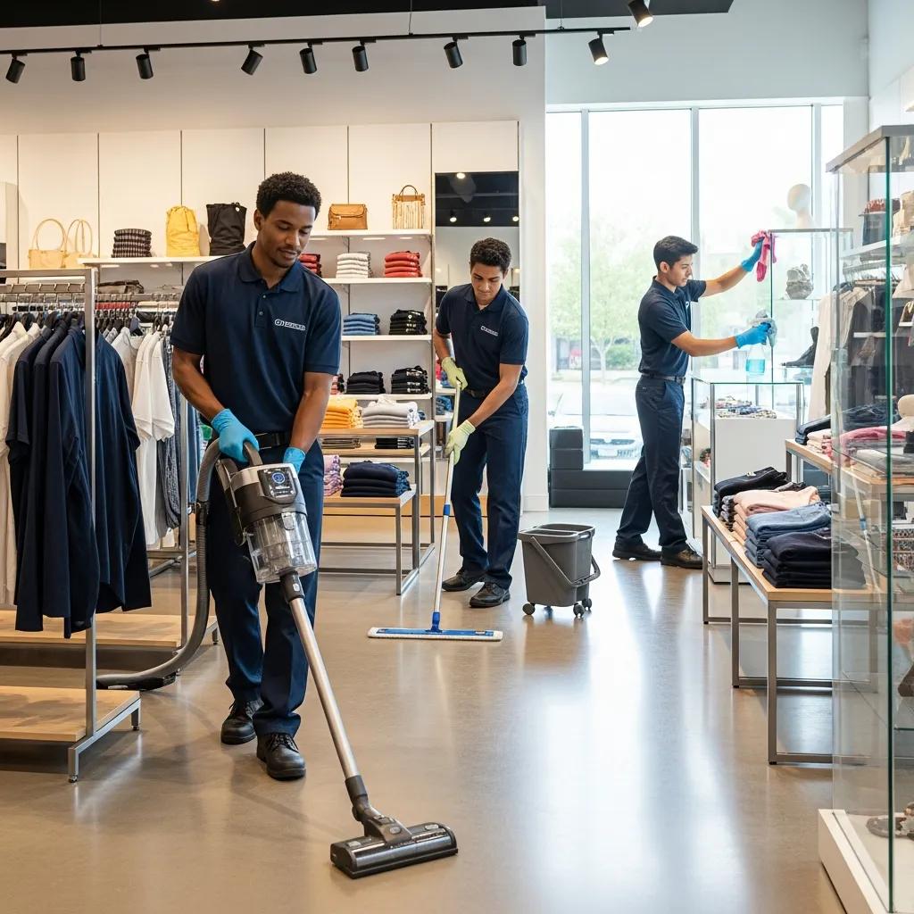Professional cleaning team maintaining a retail store's cleanliness and hygiene