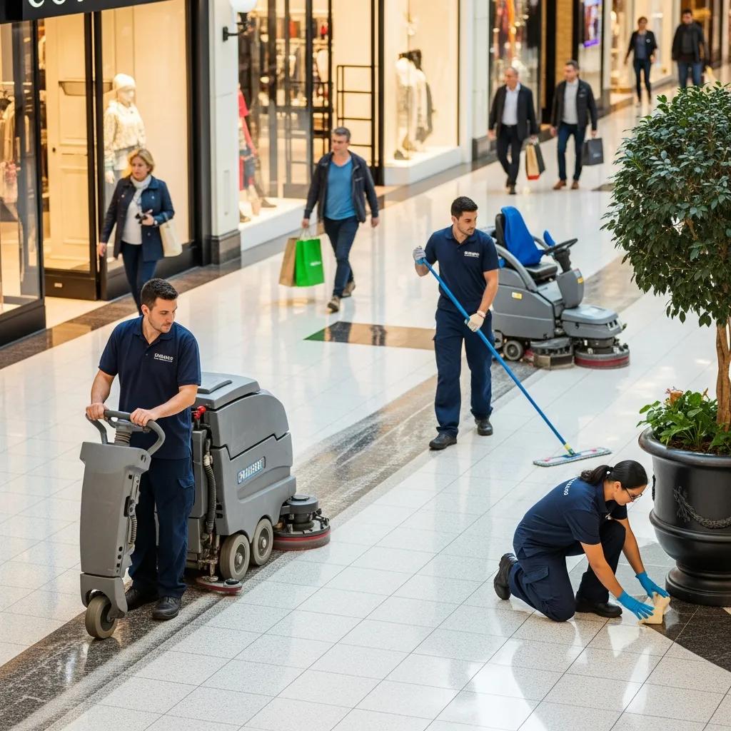 Professional cleaning team maintaining cleanliness in a shopping centre