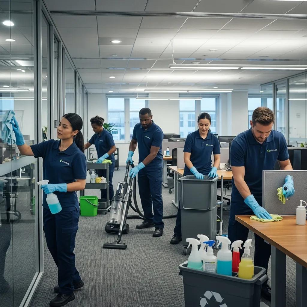 Professional cleaning team performing after-hours cleaning in a commercial office space