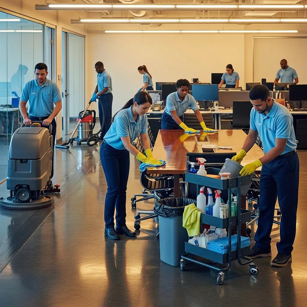 Professional cleaning team performing after-hours cleaning in an office, highlighting efficiency and cleanliness