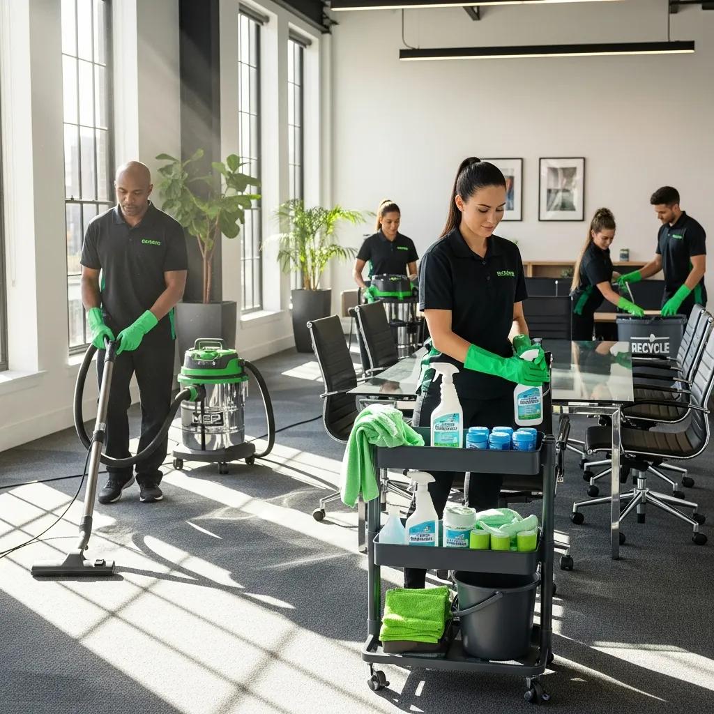 Professional cleaning team performing custom commercial cleaning in a modern office environment