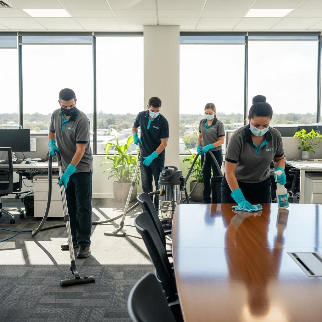 Professional cleaning team performing high-quality commercial cleaning in an office space in Booroobin