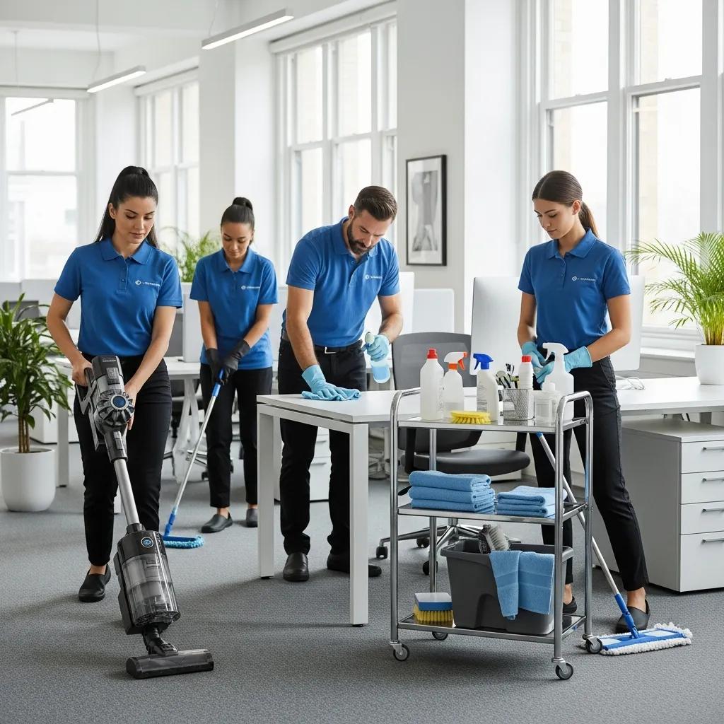 Professional cleaning team performing various tasks in a modern office setting