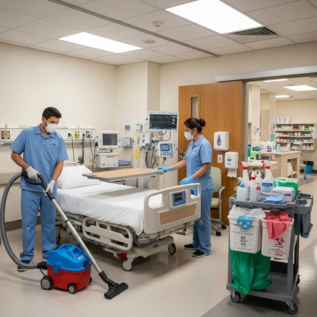 Professional cleaning team sanitizing a medical center room with hospital-grade equipment