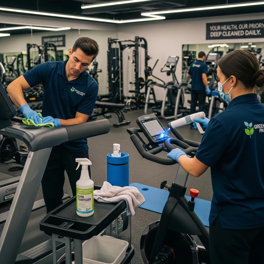 Professional cleaning team sanitizing gym equipment with eco-friendly products