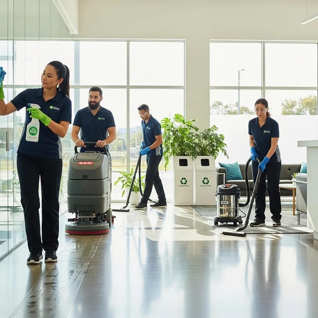 Professional cleaning team using advanced equipment in a modern commercial space
