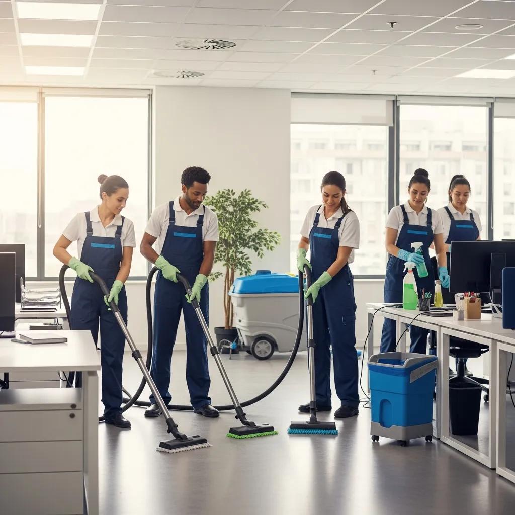 Professional cleaning team using advanced equipment in a modern office