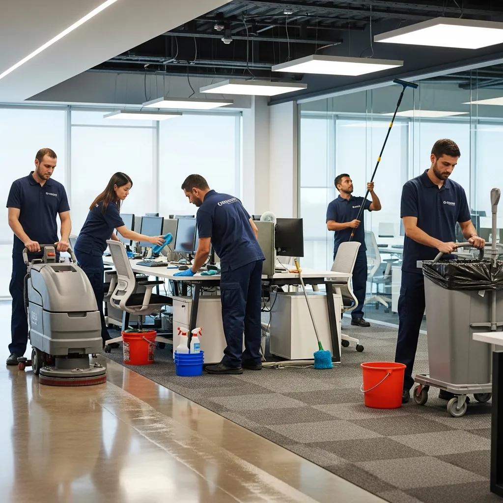 Professional cleaning team using advanced equipment in a modern office, emphasizing tailored commercial cleaning solutions