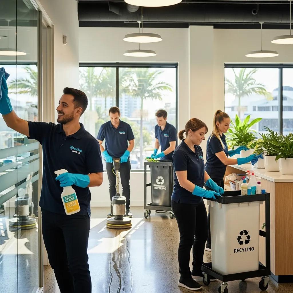 Professional cleaning team using eco-friendly products in a bright Maroochydore commercial space