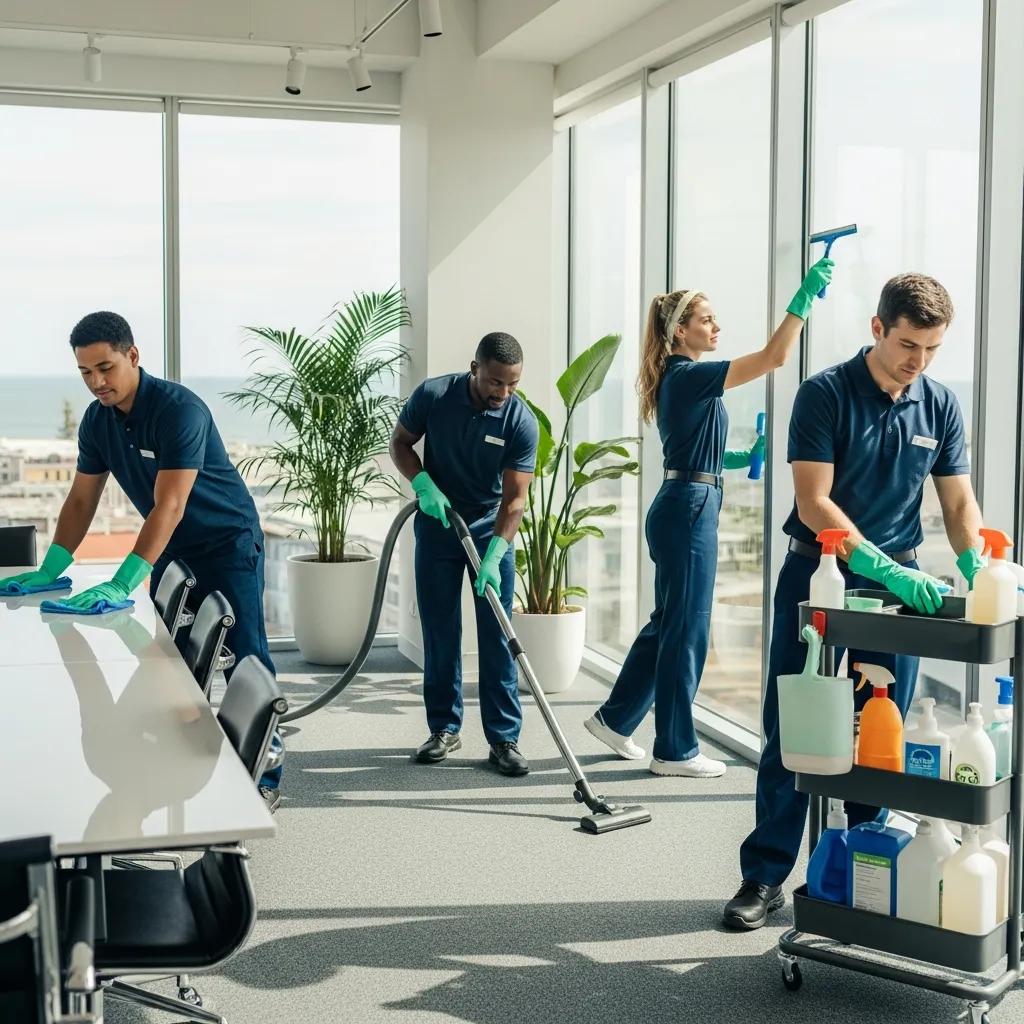 Professional cleaning team using eco-friendly products in a bright Minyama office