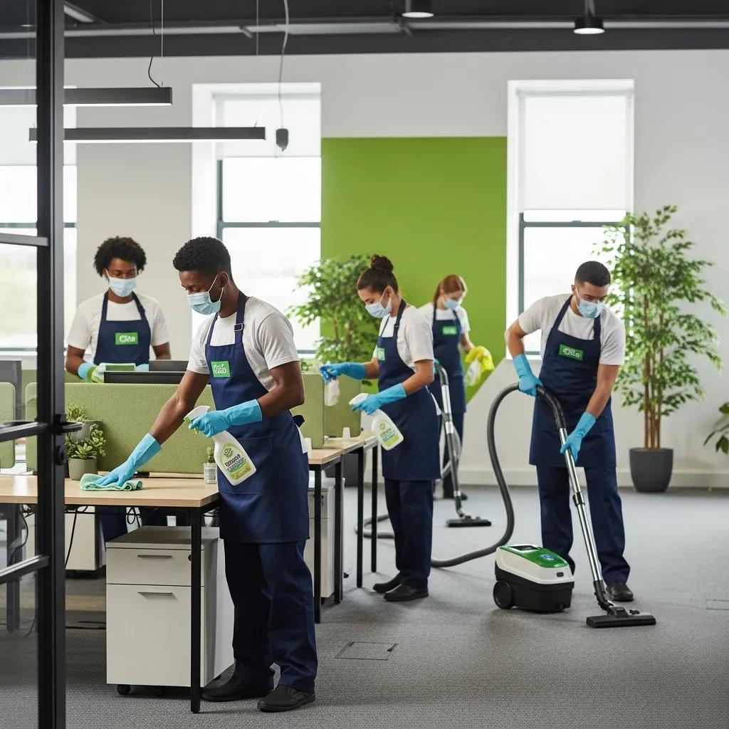Professional cleaning team using eco-friendly products in a bright office environment