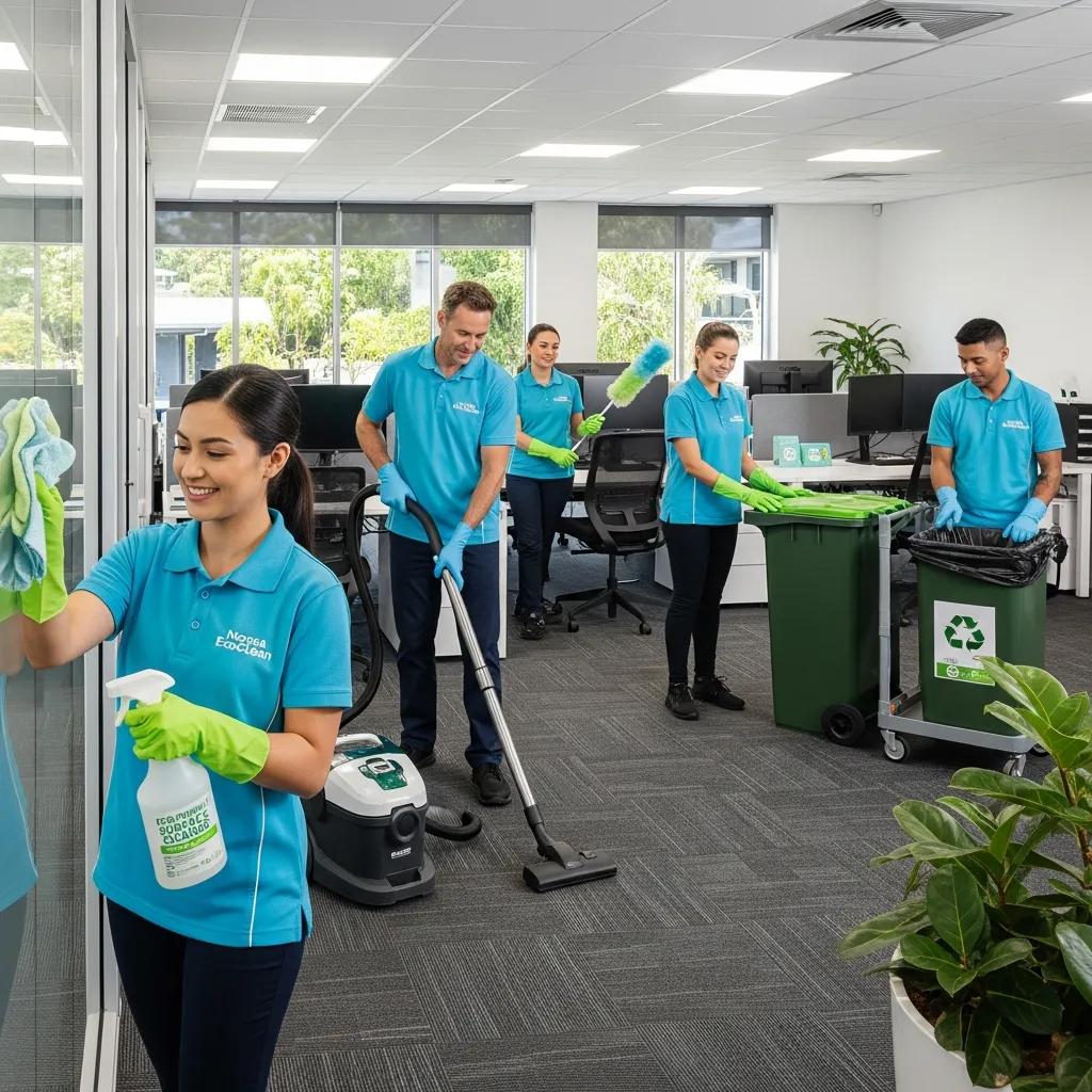 Professional cleaning team using eco-friendly products in a bright office space