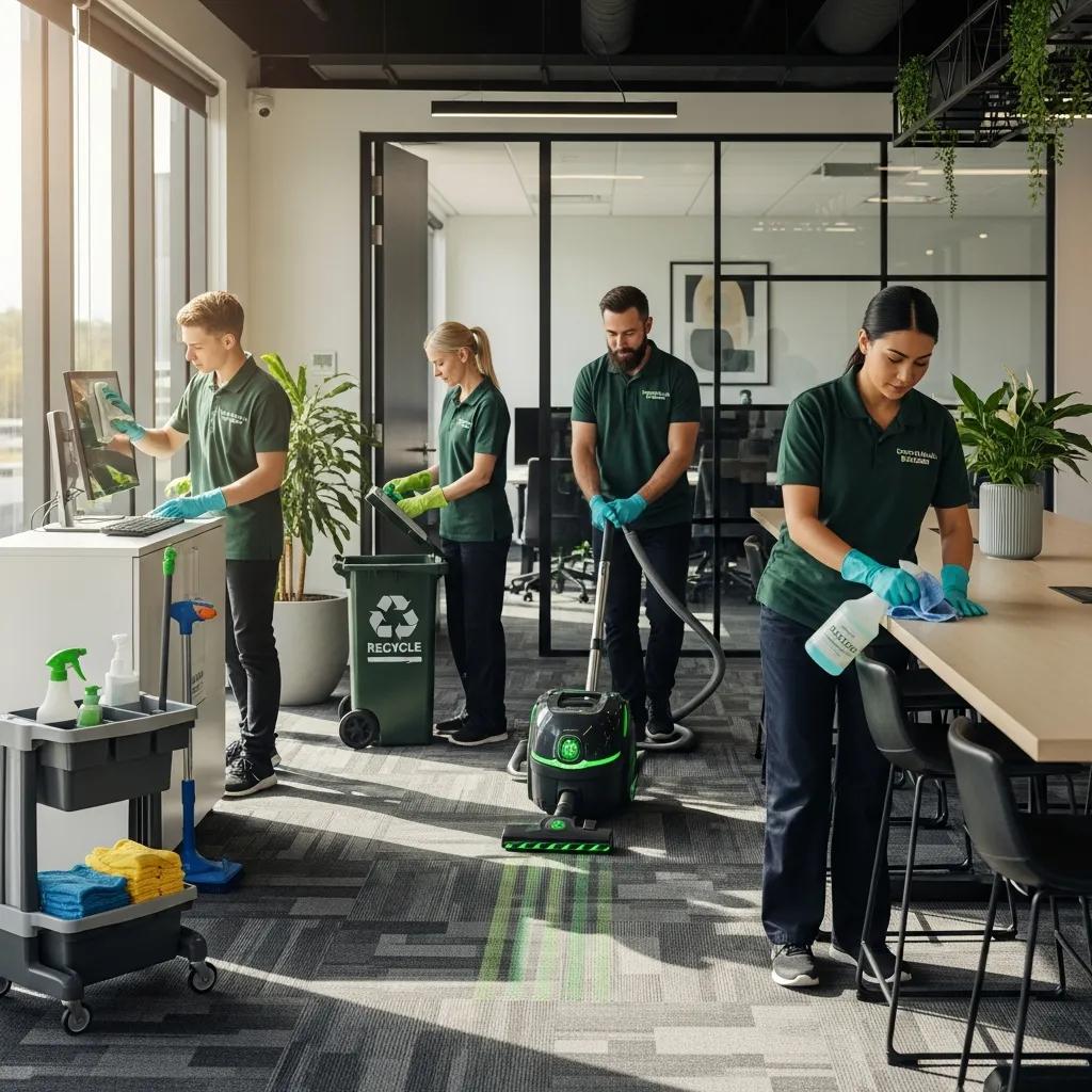 Professional cleaning team using eco-friendly products in a commercial office space
