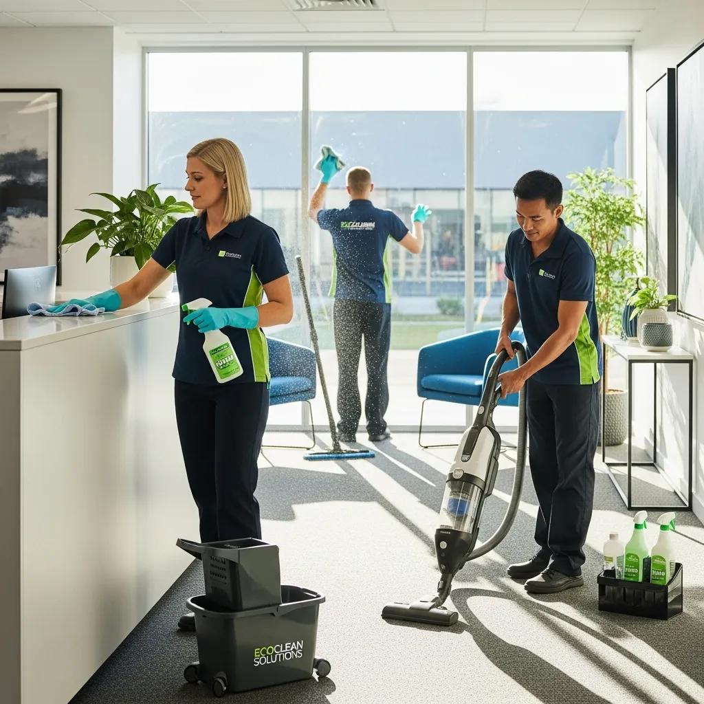 Professional cleaning team using eco-friendly products in a commercial space in Buderim