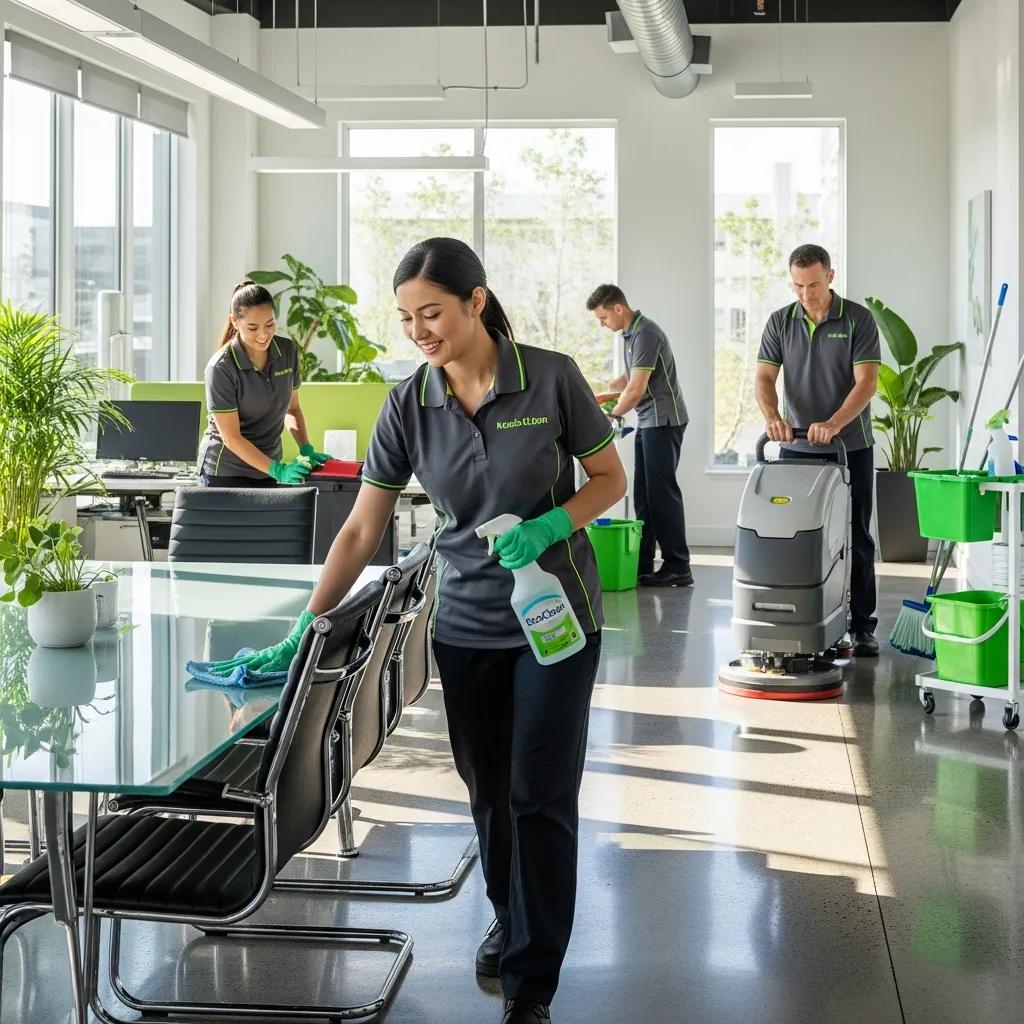Professional cleaning team using eco-friendly products in a commercial space in Kunda Park