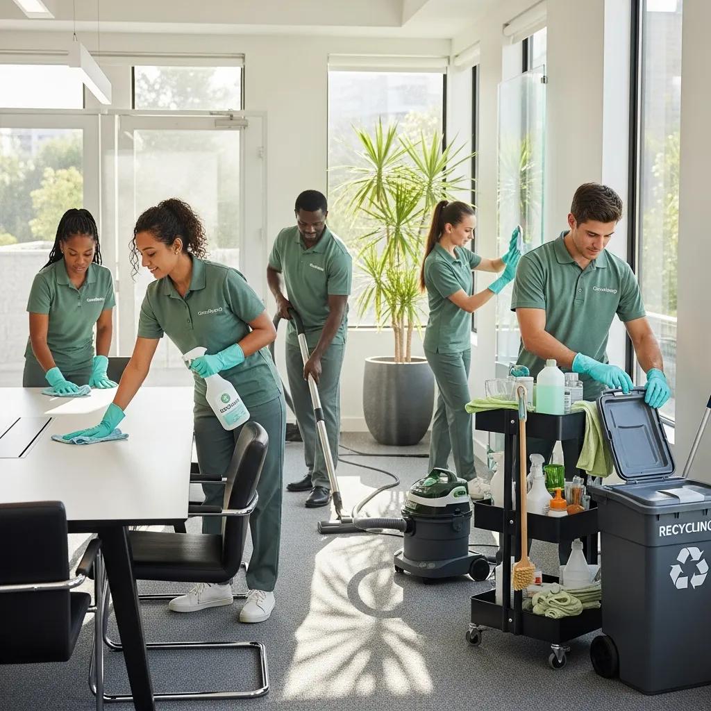 Professional cleaning team using eco-friendly products in a modern office
