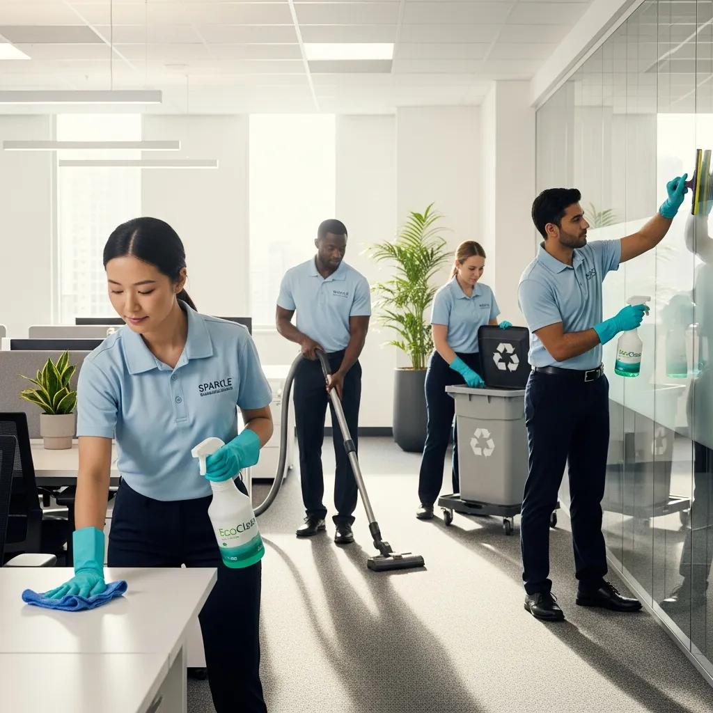 Professional cleaning team using eco-friendly products in a modern office, emphasizing quality and reliability