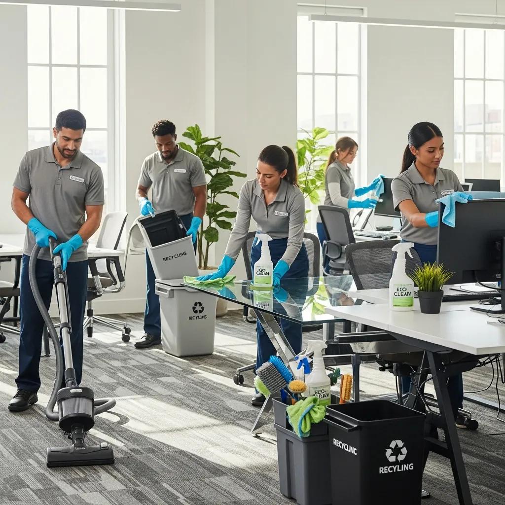 Professional cleaning team using eco-friendly products in a modern office setting