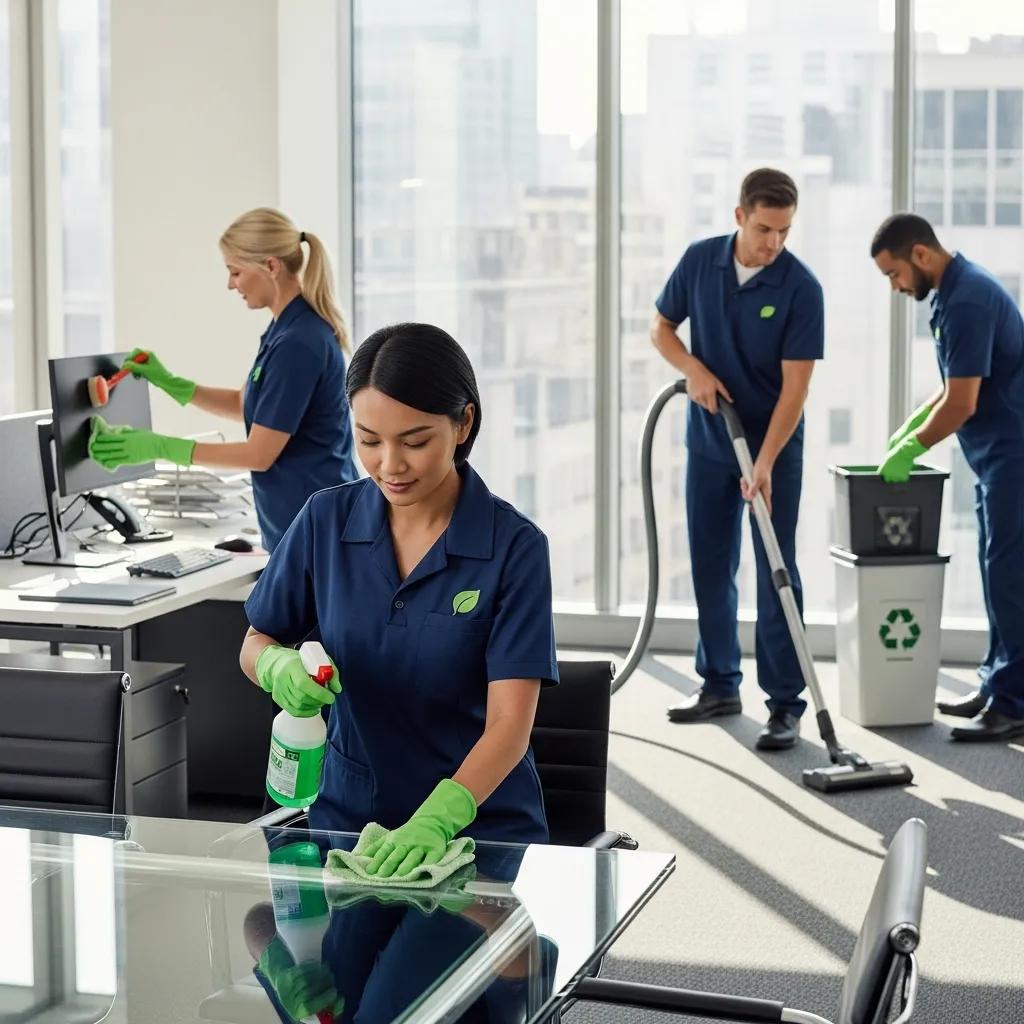 Professional cleaning team using eco-friendly products in a modern office setting