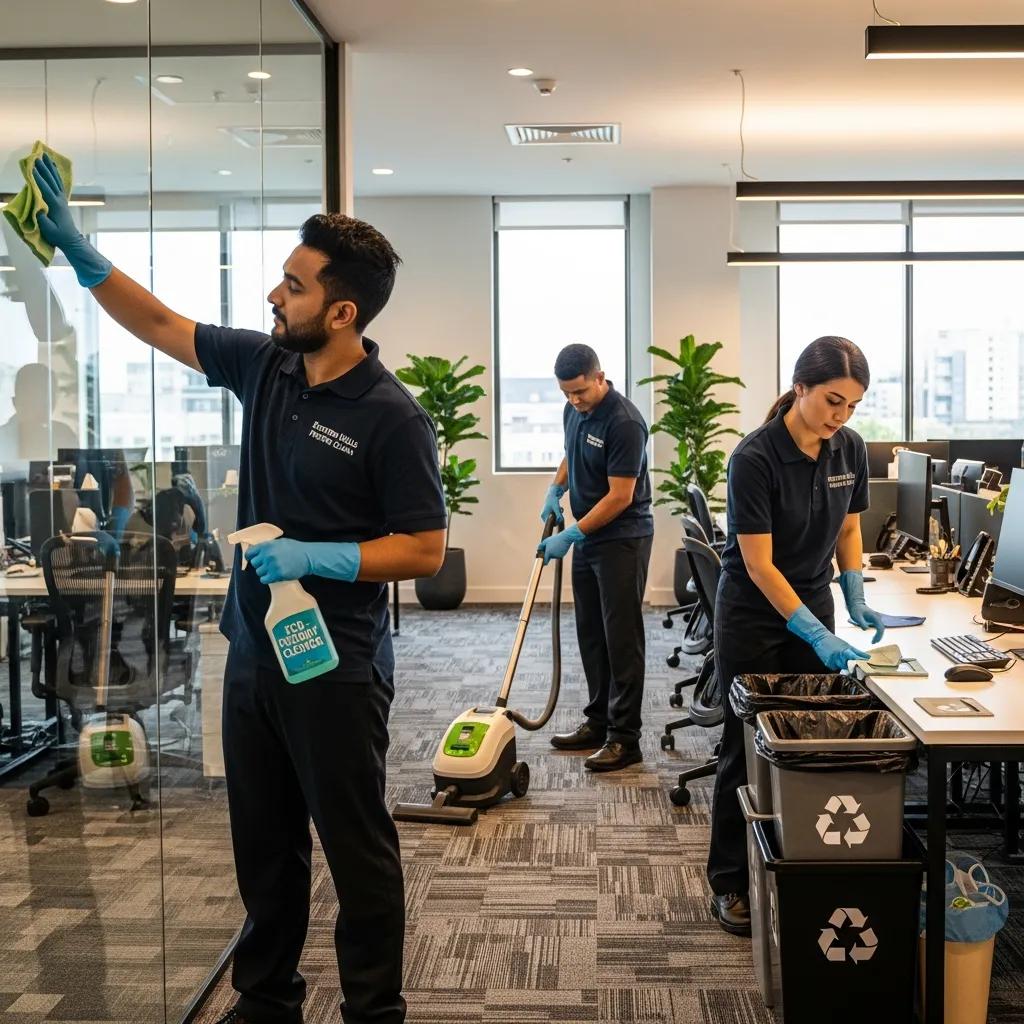 Professional cleaning team using eco-friendly products in a modern office setting