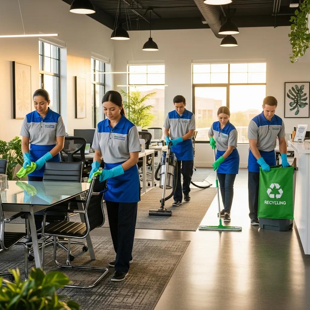 Professional cleaning team using eco-friendly products in a modern office setting