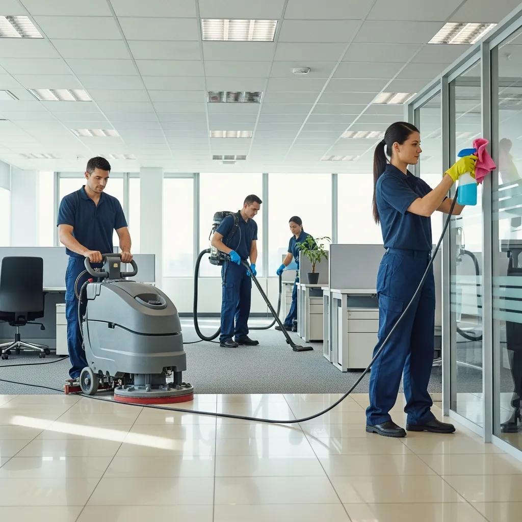 Professional cleaning team working in a commercial space, highlighting efficiency and cleanliness