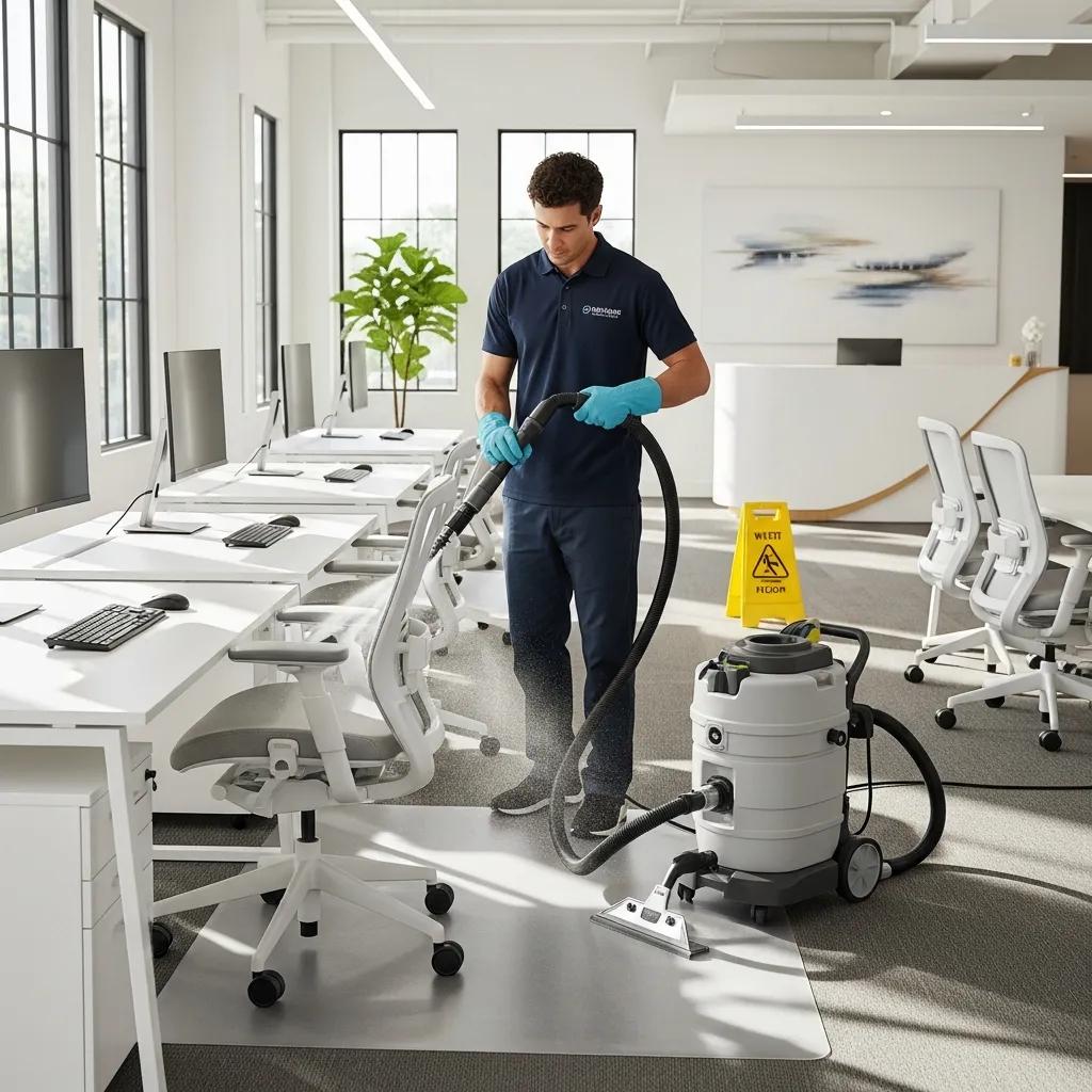 Professional cleaning technician performing commercial upholstery cleaning in a modern office environment