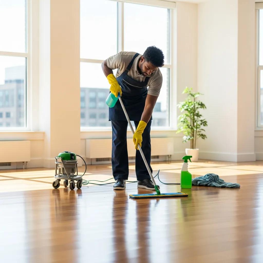 Professional cleaning technician using eco-friendly products on a hardwood floor in a modern office