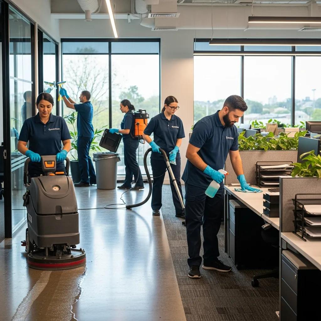 Professional commercial cleaners in action, demonstrating reliability and quality in a modern office setting