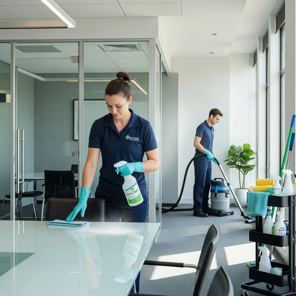 Professional commercial cleaning team efficiently cleaning an office space with eco-friendly products