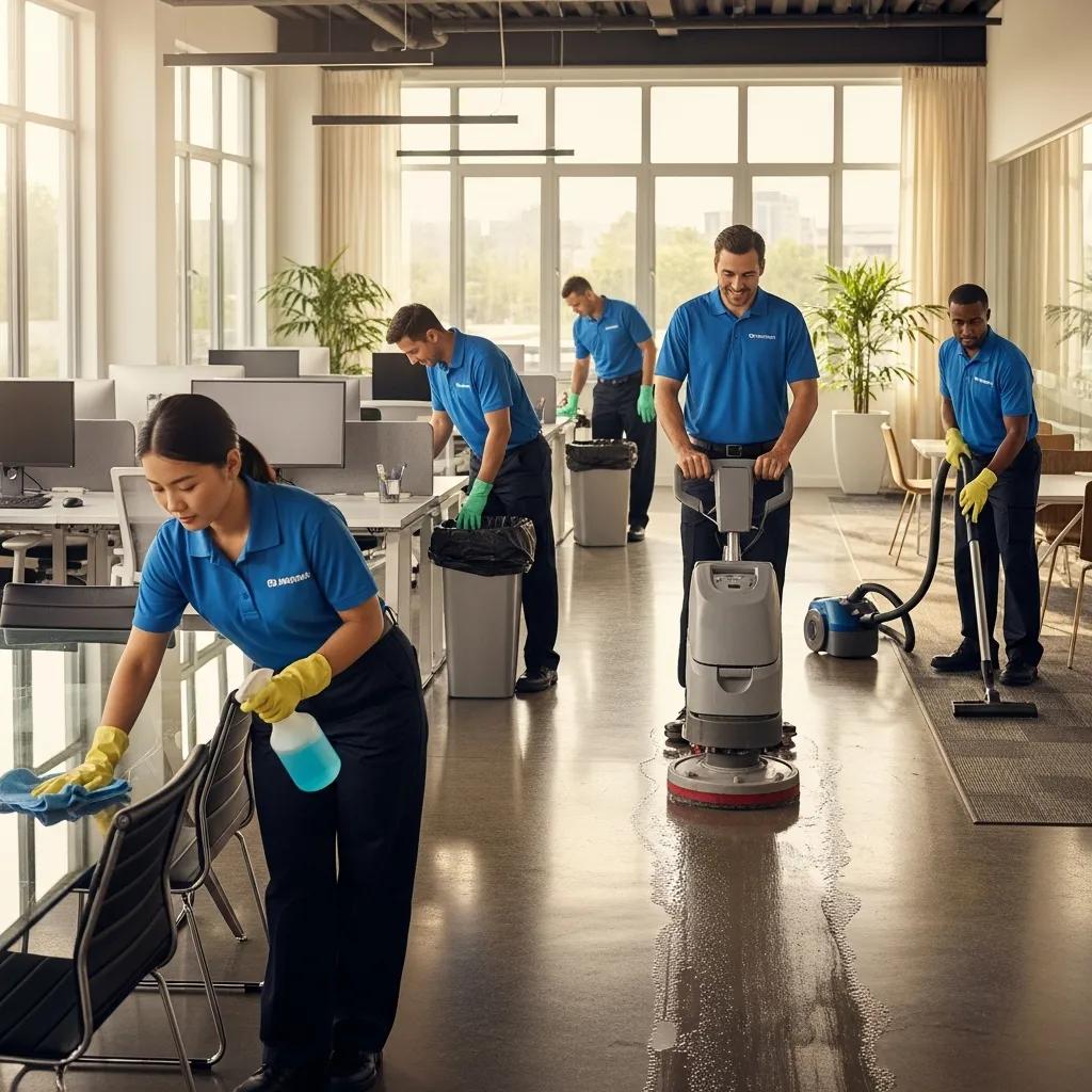 Professional commercial cleaning team in a modern office, showcasing teamwork and efficiency