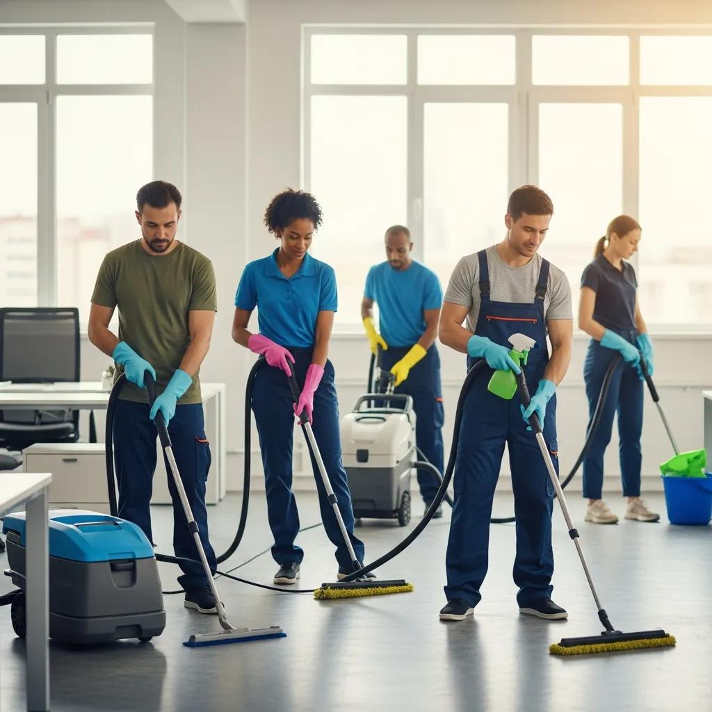 Professional commercial cleaning team using advanced equipment in a modern office setting