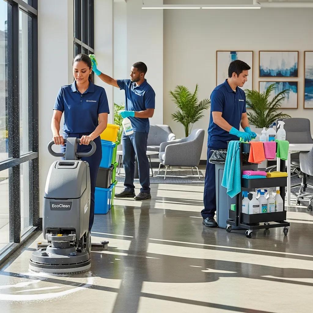 Professional commercial cleaning team using eco-friendly products in a bright office setting