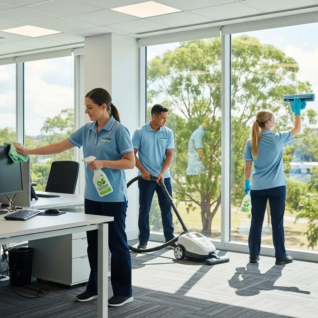 Professional commercial cleaning team using eco-friendly products in a Buderim office