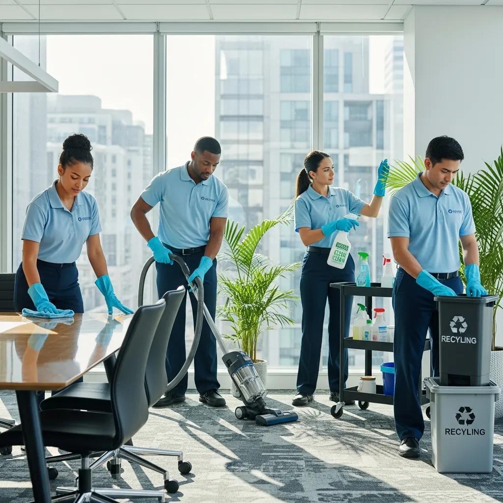 Professional commercial cleaning team using eco-friendly products in a modern office