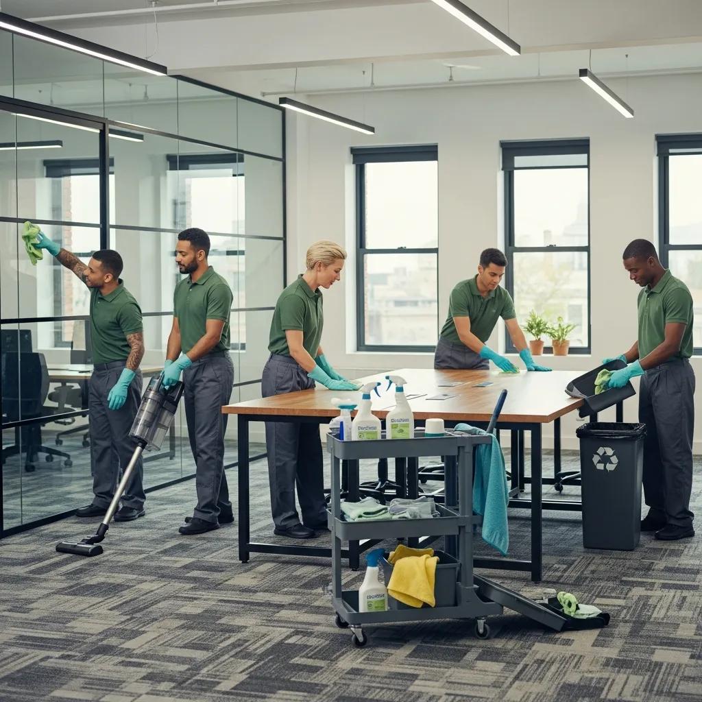 Professional commercial cleaning team using eco-friendly products in a modern office