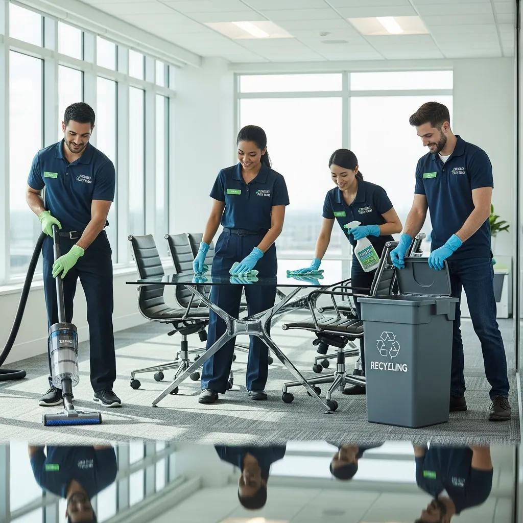 Professional commercial cleaning team using eco-friendly products in a modern office