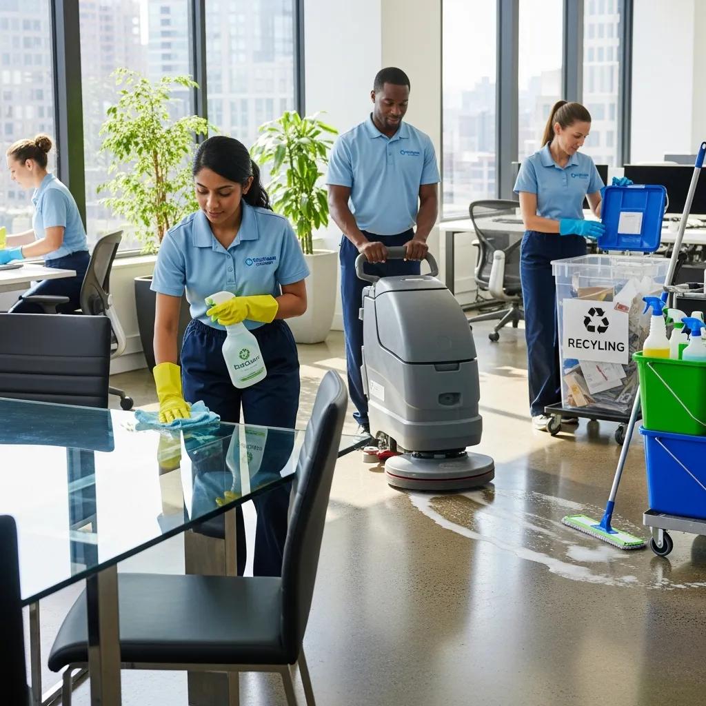 Professional commercial cleaning team using eco-friendly products in a modern office