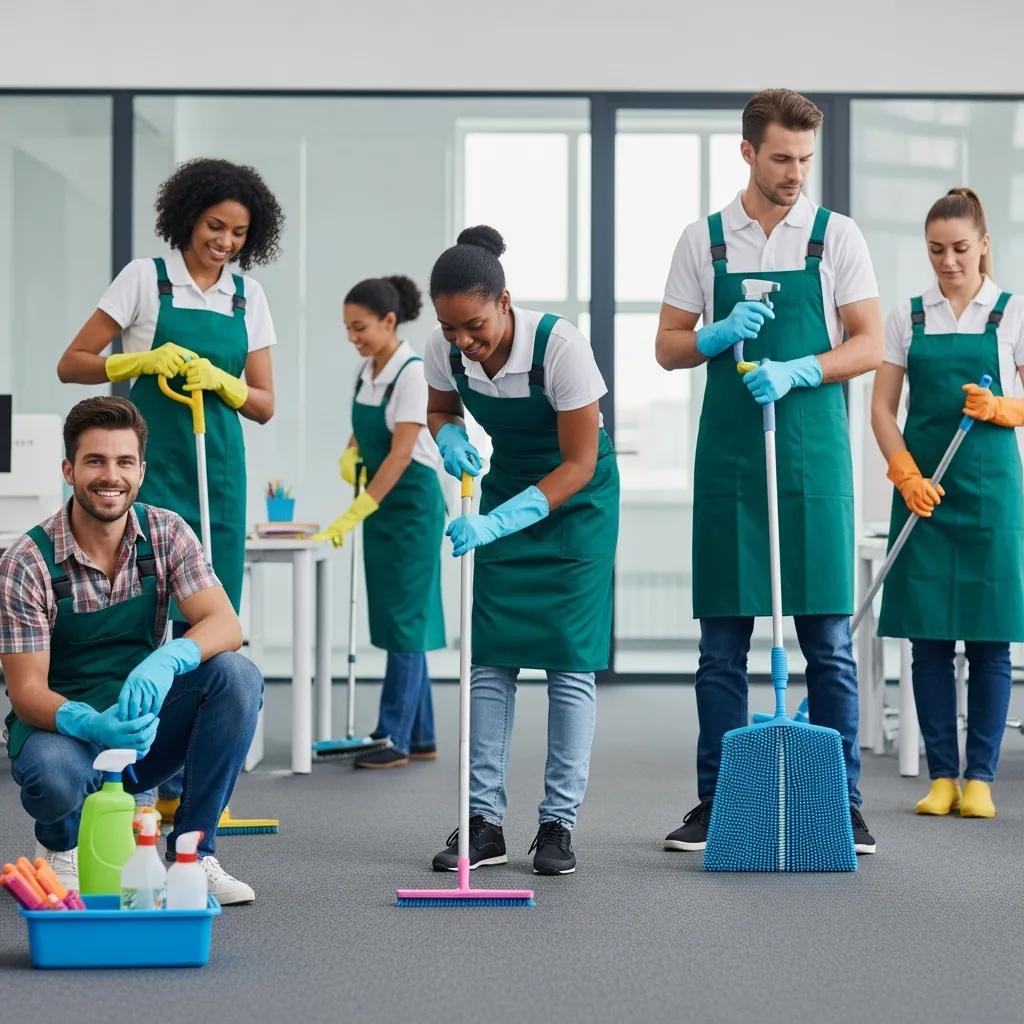 Professional commercial cleaning team using eco-friendly products in a modern office