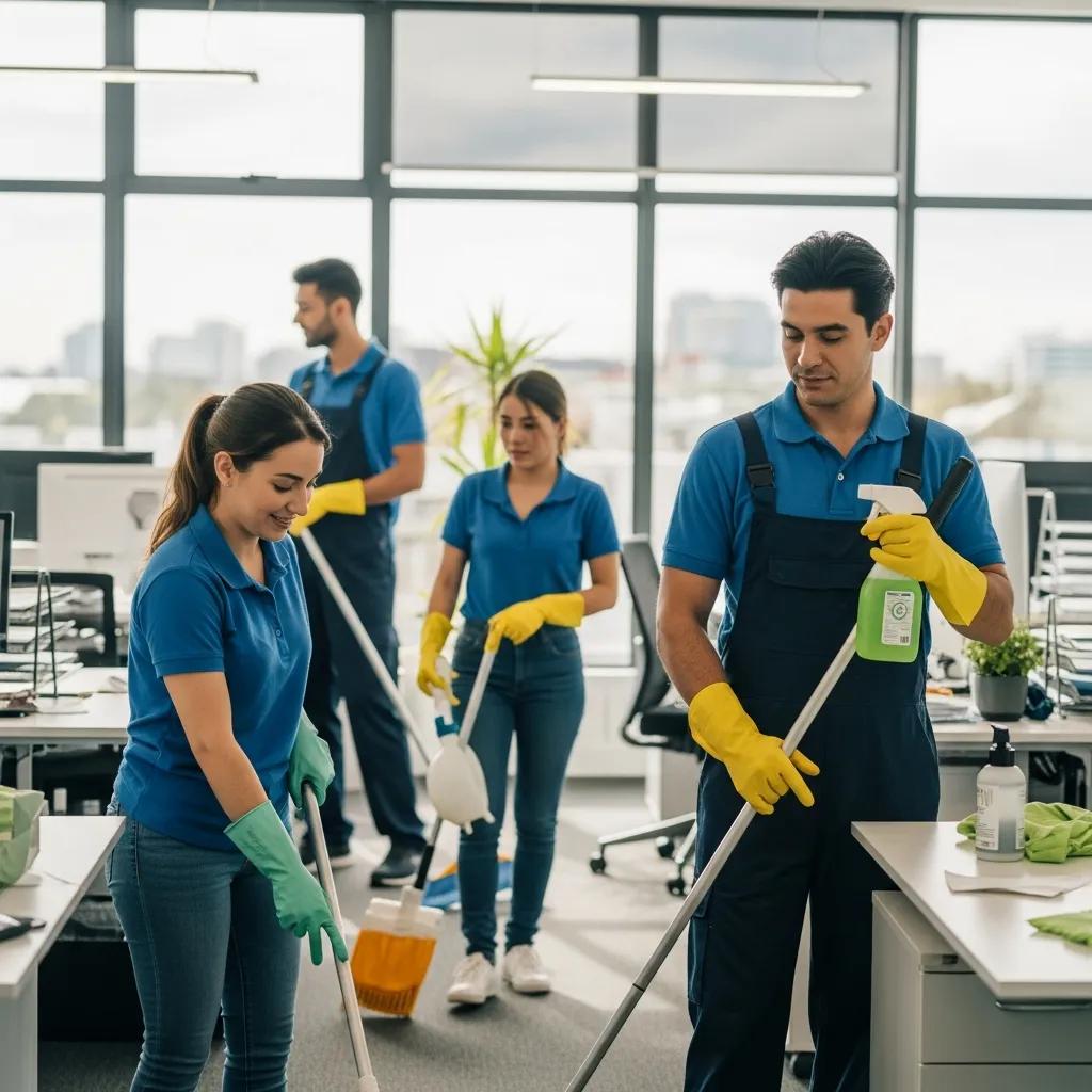 Professional commercial cleaning team using eco-friendly products in a modern office on the Sunshine Coast