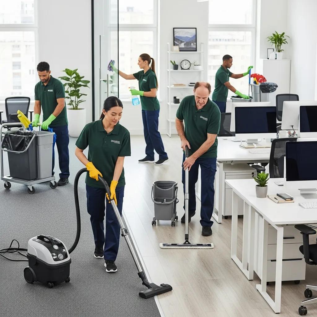 Professional commercial cleaning team working in a modern office environment