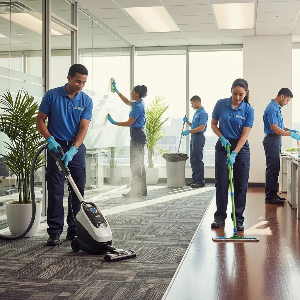 Professional commercial cleaning team working in a modern office, highlighting teamwork and efficiency