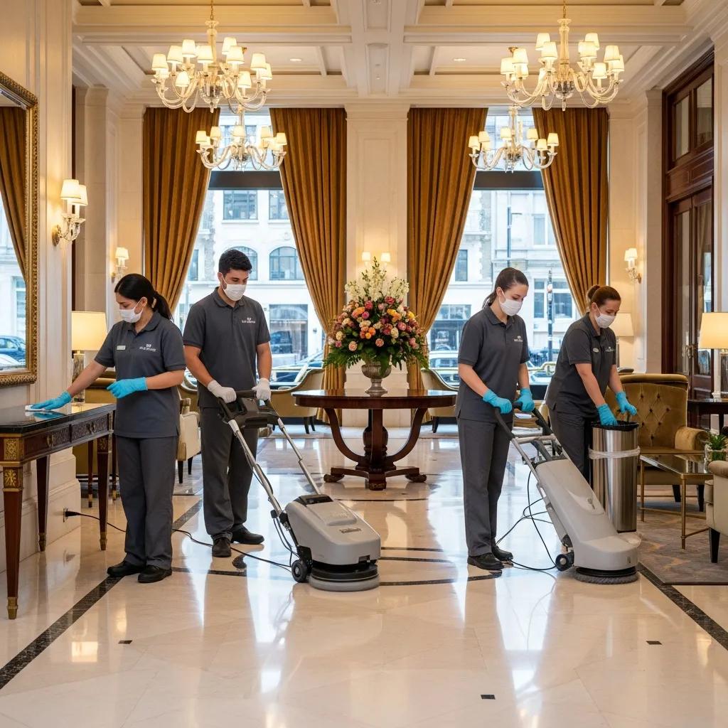 Professional hotel cleaning team in a luxurious lobby, showcasing high standards of cleanliness and hospitality