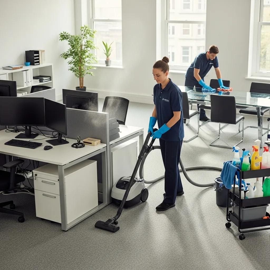 Professional office cleaning service in a bright workspace