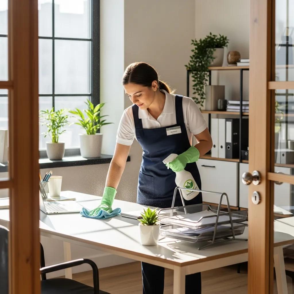 Professional office cleaning service in action, highlighting eco-friendly practices and a clean workspace
