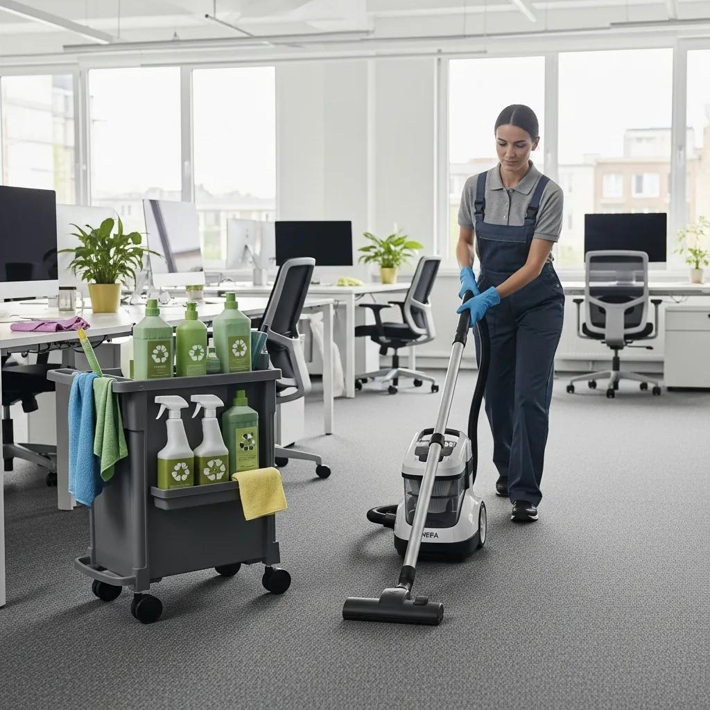 Professional office cleaning service in Currimundi with a cleaner using eco-friendly products in a modern workspace