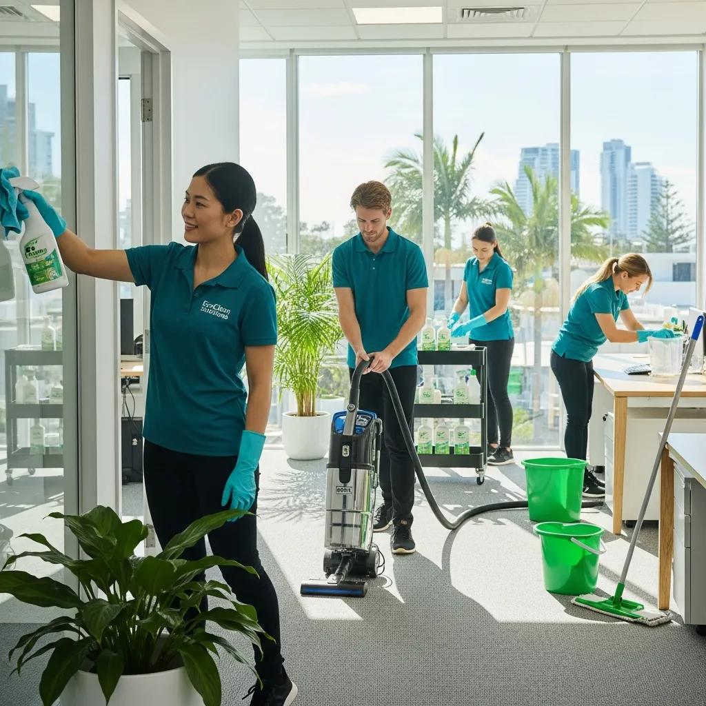 Professional office cleaning team in a bright Maroochydore office, emphasizing cleanliness and hygiene